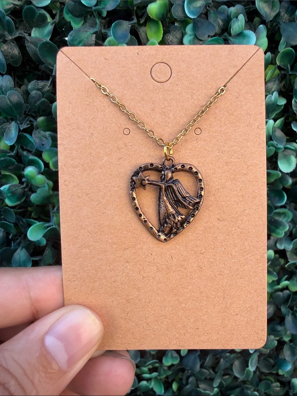 Hand Crafted Bronze Heart Fairy Pendant Necklace - Gold S. Steel Chain